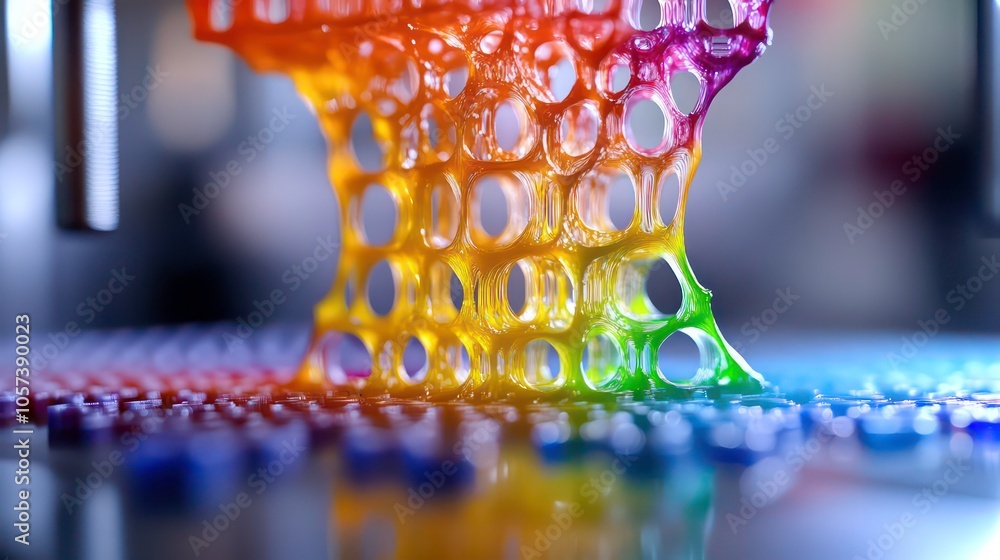 Aufkleber a close-up of a 3d printer creating a colorful lattice structure from resin.