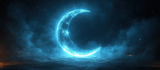 A glowing blue crescent moon surrounded by mist and light effects.