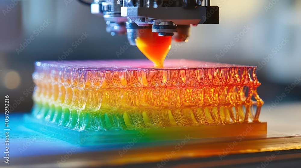 Poster as molten plastic is extruded across a build platform, a rainbow-colored lattice structure emerges.