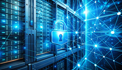 Data protection and cyber security on internet server network with secure login to protect privacy from attack. With Copy Space