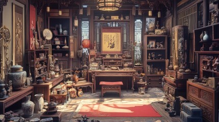 Ornate poster depicting a traditional Chinese house interior,