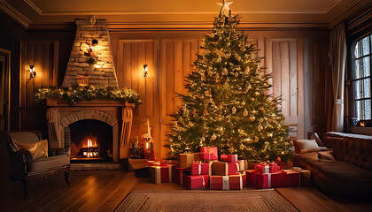 Fototapeta premium christmas tree near fireplace gifts twinkling lights creates warm inviting atmosphere
