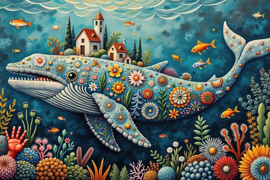 Ai balena con una citt&agrave; sul dorso illustrazione surreale 03