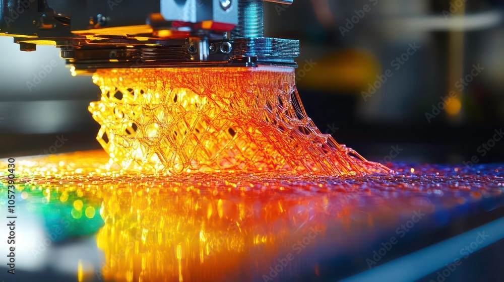 Poster as molten plastic is extruded across a build platform, a rainbow-colored lattice structure emerges.