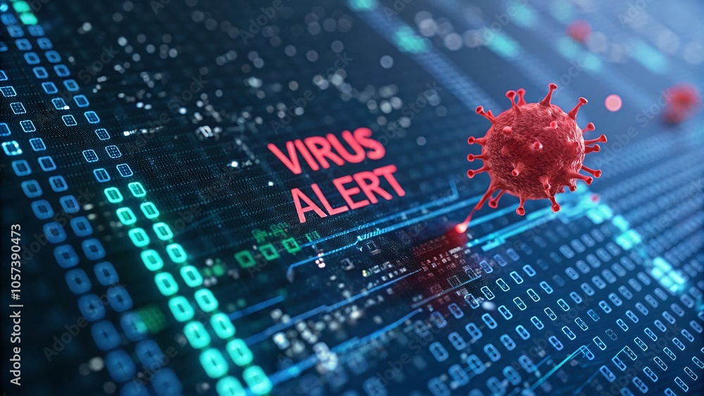 Poster red virus alert with blue binary code in cybersecurity threat concept