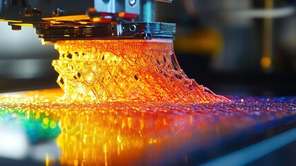 As molten plastic is extruded across a build platform, a rainbow-colored lattice structure emerges.
