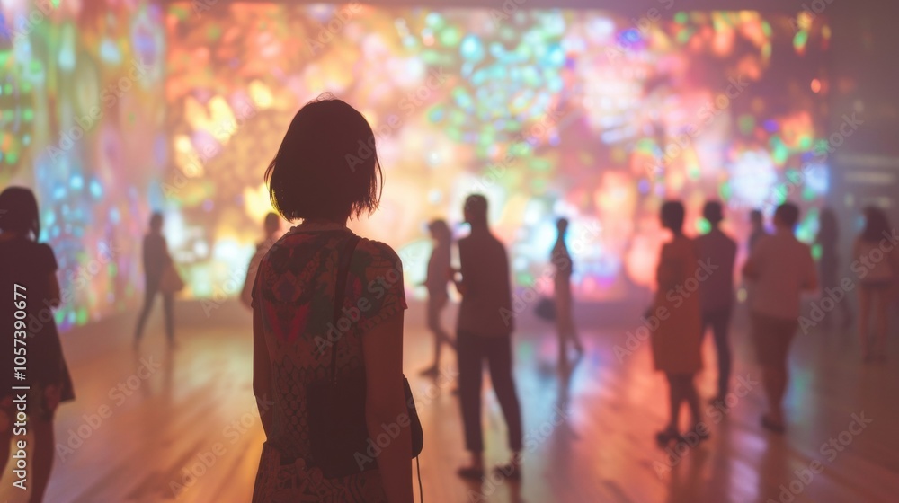 Poster defocused view of an interactive display surrounded by hazy observers in an art installation.