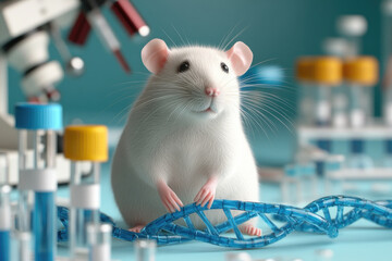 White rat perched on test tubes, laboratory setting, scientific exploration, curiosity in research, small animal in a controlled environment