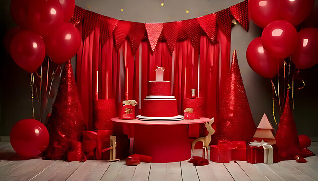 birthday party decor features red festive elements studio setting christmas theme backdrop
