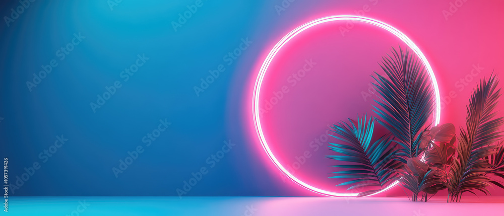 Poster neon fantasy shapes, vibrant abstract forms illuminated in dynamic neon hues, creating an immersive 
