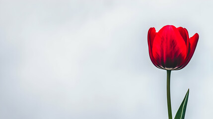 Obraz premium A vibrant red tulip stands against a soft, cloudy background, symbolizing beauty and nature.