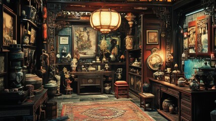 Naklejka premium Poster of an old Chinese house, showcasing a room cluttered with