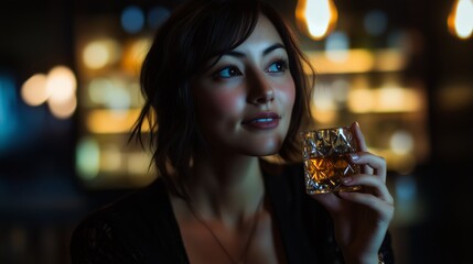 Woman is holding a glass of liquor