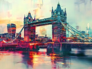 Obraz premium Iconic London Tower Bridge Digitally Corrupted in Glitch Art Style Reflecting Blended Real and Virtual Worlds