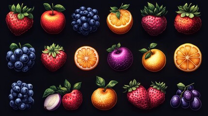 A colorful arrangement of various fruits including strawberries, oranges, and grapes.