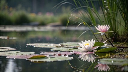 Serene Minimalist Pond Scenery with Water Lilies for Tranquil Nature Photography