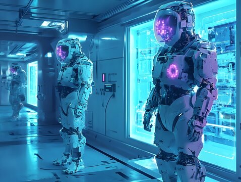 Enigmatic Extraterrestrial Cyborg in Futuristic Clean Room Digital of Otherworldly Nanotech Exoskeleton