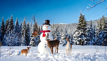 colorful winter scene features snowman deer rabbit amidst snowy trees frosty landscape