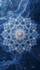 Blue Mandala with Floral Accents in Intricate Symmetry on Dark Background