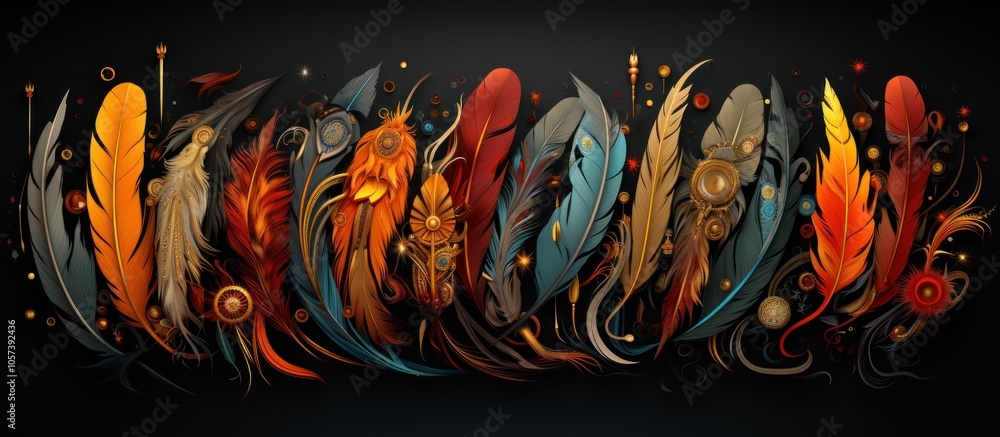 Poster a vibrant array of stylized feathers in warm colors against a dark background.