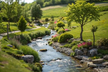 Obraz premium Serene Tilt-Shift Photography of a Little River Stream in a Lush Green Landscape