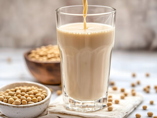 Pouring Soy milk in to the glass on the white table