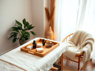 massage table set with neatly arranged towels and a chair beside it, creating a serene relaxation environment