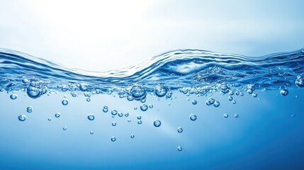 Light air bubbles rise gracefully in pure water, creating a serene atmosphere. The image captures the delicate dance of air bubbles amidst the clarity of pure water, offering ample space for text.