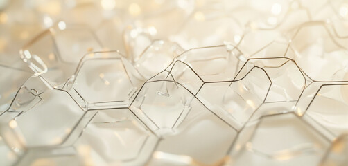 Hexagonal Glass Structure with Light Reflections on Beige Background