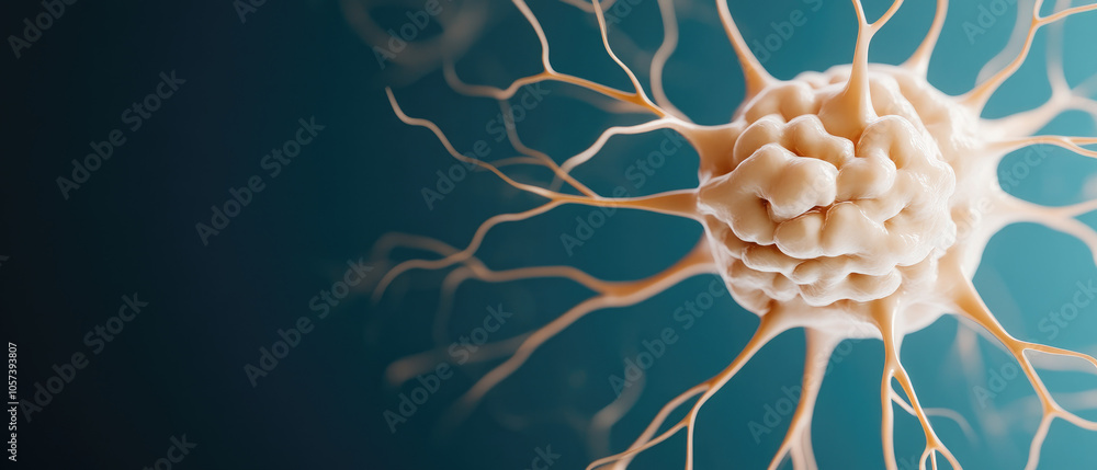 Poster 3d model of a nerve cell with biomedicine concept, showcasing intricate cellular structures and adva