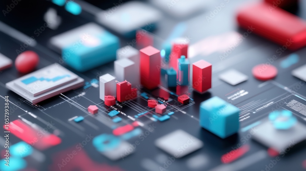 Poster abstract 3d data visualization with red and blue geometric shapes on a dark background.