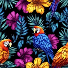Fototapeta premium Vibrant parrots among colorful tropical flowers and lush leaves, black background.