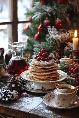 Naklejka premium New Year's pancakes and decorations on the table. Selective focus