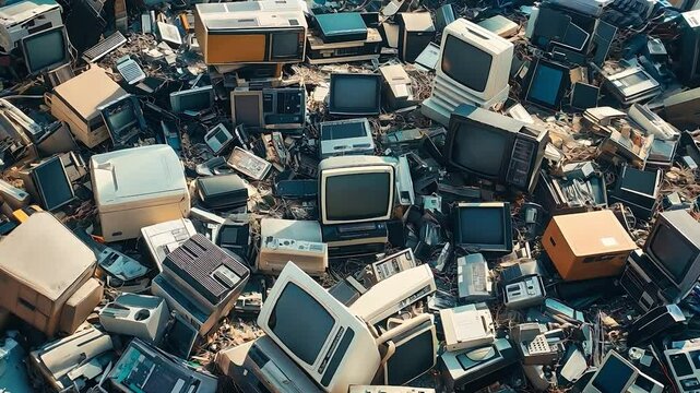 A large collection of discarded electronics, addressing the growing problem of electronic waste	
