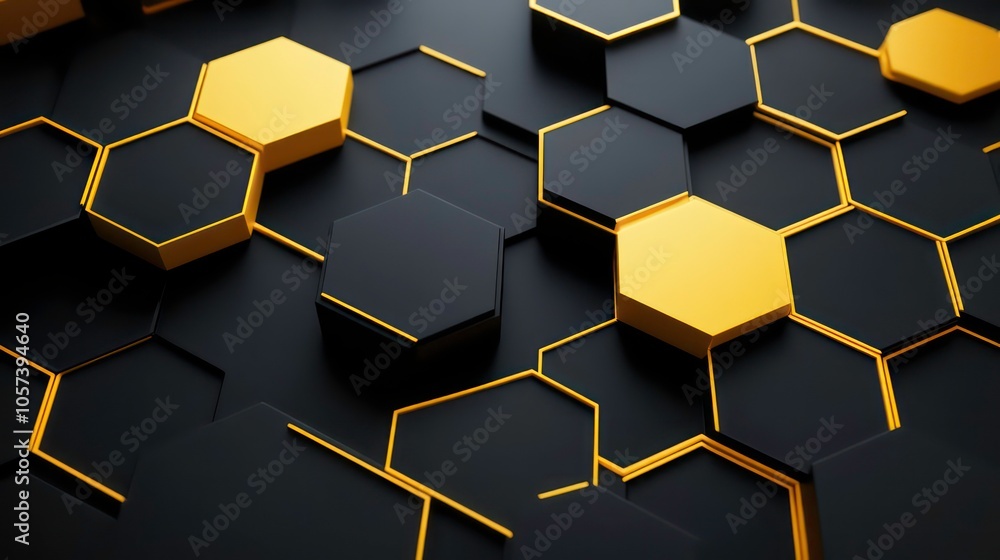 Poster A modern abstract design featuring hexagonal shapes in black and gold.