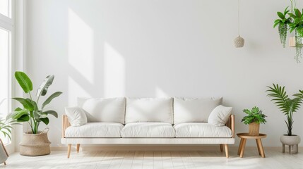 Naklejka premium Bright living room interior with fresh plants and simple decoration, suitable for adding a sofa