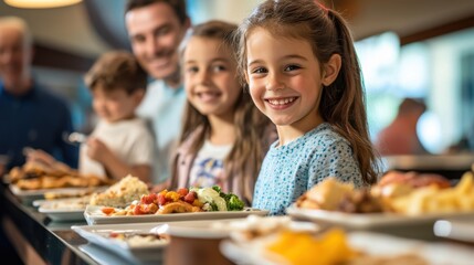 Smiling siblings at a hotel buffet breakfast, with their parents