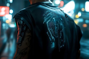 Hyper Detailed Biometric Tattoo with Holographic Data Overlays in Moody Urban Landscape