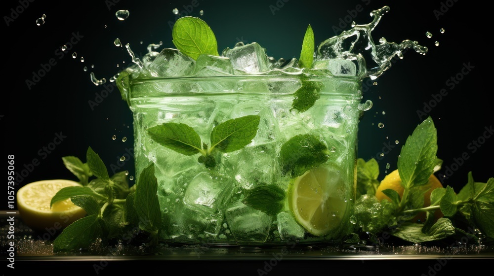 Poster a refreshing drink with mint and lemon, splashing in a jar filled with ice.