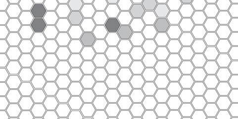 Vector geometric seamless texture symbol. Hexagon, bees hive cells pattern. Bee honey shapes. Abstract pattern with hexagonal white and gray technology line paper background.   Stylish grid texture. 
