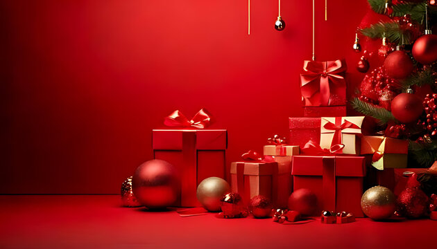 red boxes ribbons adorn christmas scene filled festive balls bright red decorative backdrop holiday cheer