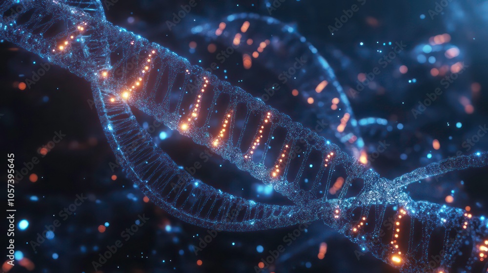 Poster A close-up view of a DNA double helix structure with glowing elements.