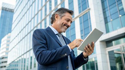 Fototapeta premium businessman smiles while using tablet outdoors in modern urban setting. He is dressed in formal suit, showcasing professional demeanor