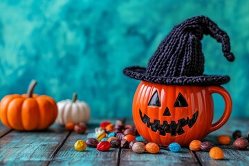 Halloween Decor with Pumpkin Mug and Witch Hat - AI generated illustration