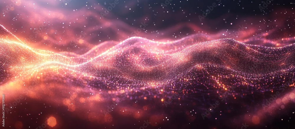 Poster abstract wave of glowing particles in a cosmic space setting.