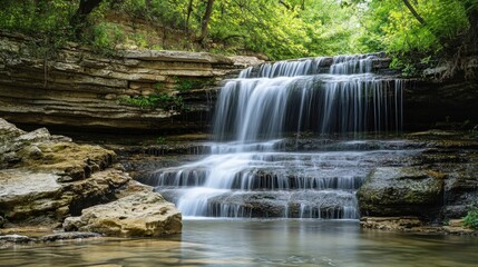 Stunning limestone waterfall, crystal-clear water flowing over layered rocks,
