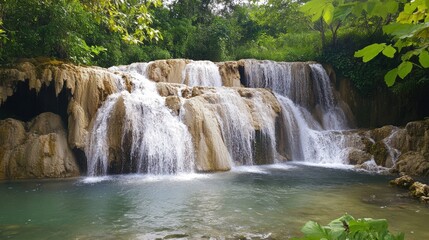 Stunning limestone waterfall, with sparkling water cascading