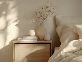 Minimalist bedroom with cozy bedding and a stylish nightstand adorned with dried flowers.
