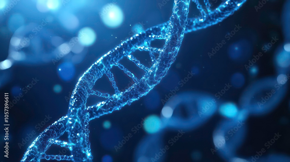 Poster A close-up view of a DNA double helix structure, representing genetic material and biology.