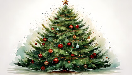 Fototapeta premium soft watercolor rendering christmas tree ornaments crisp white background featuring intricate illustrations